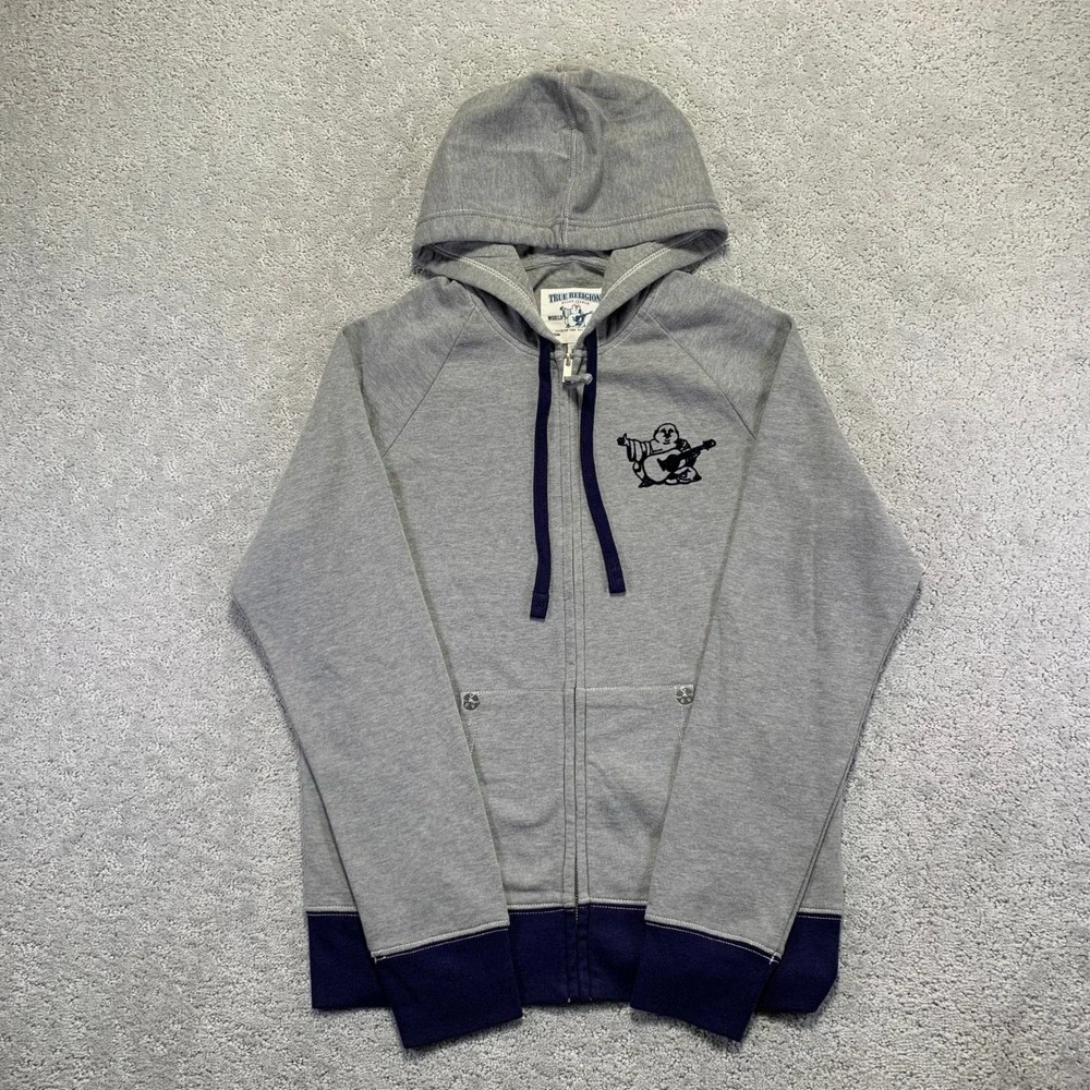 True Religion Hoodie Size Small Gray Navy Zip Up Sweatshirt‎  Buddha Brand NWT